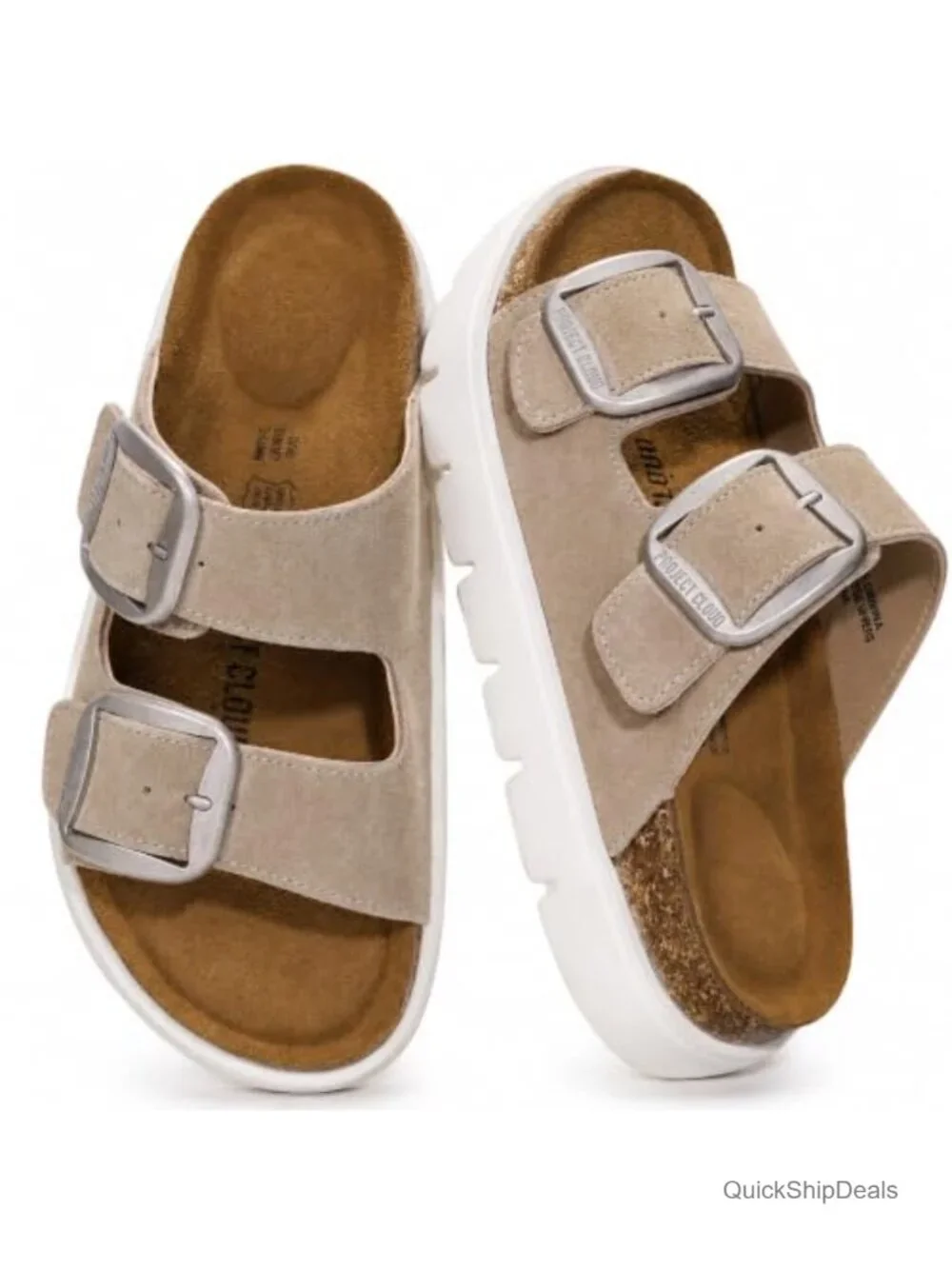 Genuine Leather Platform Sandals with Cork Footbed Memory Foam Insole Chunky